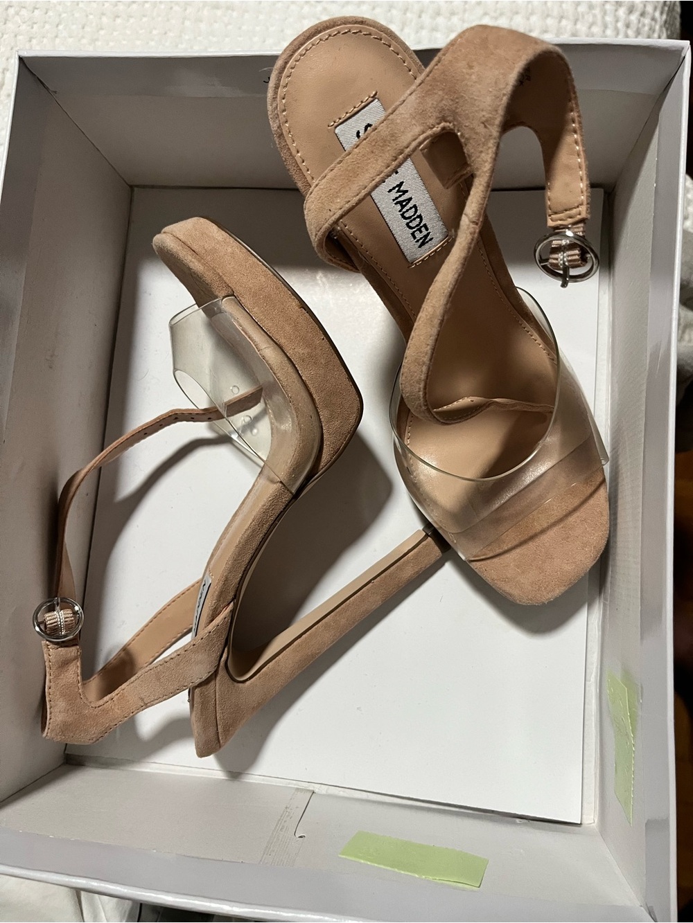 Steve Madden Nude/Tan Suede Clear Strap Stiletto Sandals
